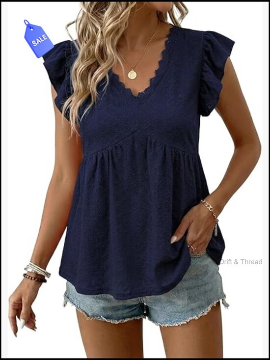 Tops - Boho Lace V-Neck Ruffle Camisole Tank Top - Textured Sleeveless Blouse
